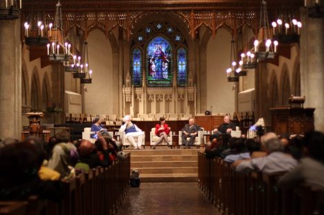 from left: Edina Lekovic, Moderater, Narinjan Singh Khalsa, Rabbi Bassin, Maher Hathout, MPAC Founder, and Reverend Bacon